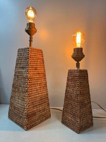 Tafellamp - Set van Twee Vintage Rotan Tafellampen –