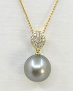 Ketting met hanger - 14 karaat Geel goud, 13mm ronde Tahiti