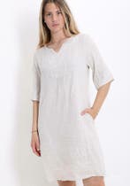 Linnen jurk Beige kleur met pailletten, 3/4 mauwen Maat L, Kleding | Dames, Jurken, Beige, Maat 42/44 (L), Nieuw, Ophalen of Verzenden