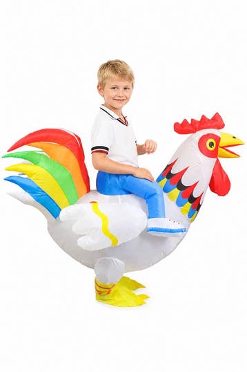 KIMU® Opblaas Kostuum Kinderen Zittend op Kip Wit Regenboog, Ophalen of Verzenden, Nieuw