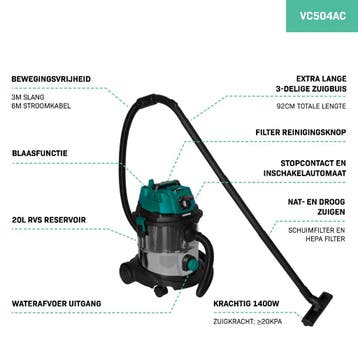 Nat- en droogzuiger 1400W met 20L RVS tank en 6m stroomkabel, Verzenden, Nieuw