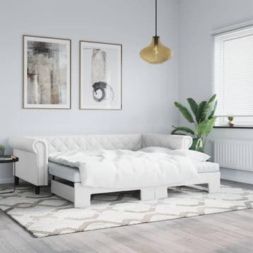 vidaXL Slaapbank met onderschuifbed 90x200 cm kunstleer wit, Huis en Inrichting, Overige materialen, 90 cm, Eenpersoons, Verzenden