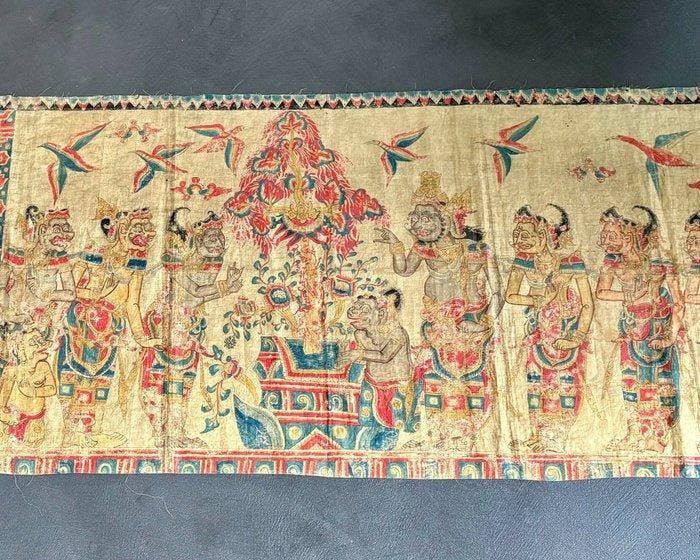 Groot Kamasan-schilderij 212 x 66 cm - Linnen - Indonesië -, Antiek en Kunst, Kunst | Niet-Westerse kunst