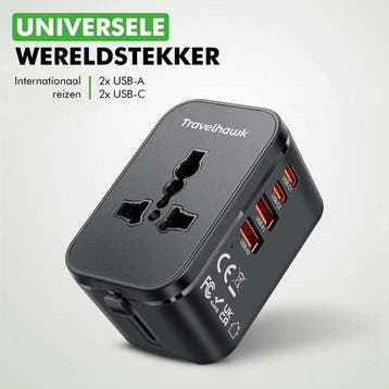 2dekans | Travelhawk Wereldstekker met 2x USB-C en 2x USB, Ophalen of Verzenden, Zo goed als nieuw