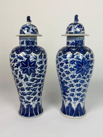 Paar blauw-witte vazen met deksels en sierlijke