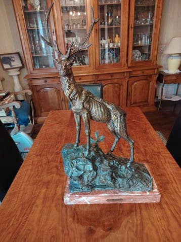 Daprès Émile Grégoire - Beeldje, Cerf - 72 cm - Brons,, Antiek en Kunst