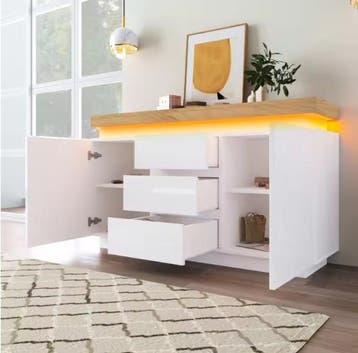Hoogglans Dressoir 140 cm – Wit met 5 Lades en LED Licht, Verzenden, Nieuw