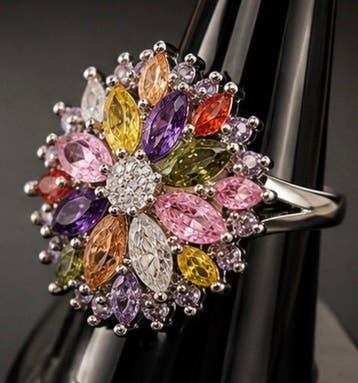 925 sterling zilveren multicolor bloem-statementring - Ring, Nieuw