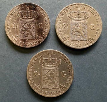 Nederland. 2 1/2 Gulden 1845, 1851 en 1856 (totaal drie