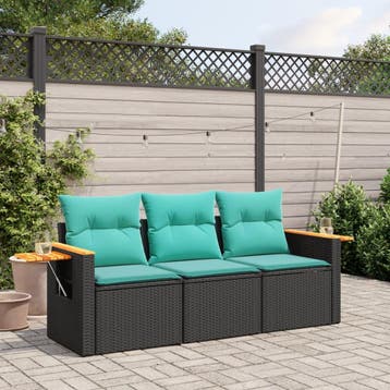 vidaXL 3-delige Loungeset met kussens poly rattan zwart, Verzenden, Nieuw, Loungeset