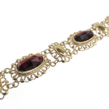 Vintage gouden bootjes armband met granaat (Schakelarmband), Gebruikt, Ophalen of Verzenden, Met edelsteen, Goud