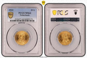 Gouden Wilhelmina 10 gulden 1912 MS64 gecertificeerd PCGS, Verzenden, Goud, Koningin Wilhelmina, Losse munt