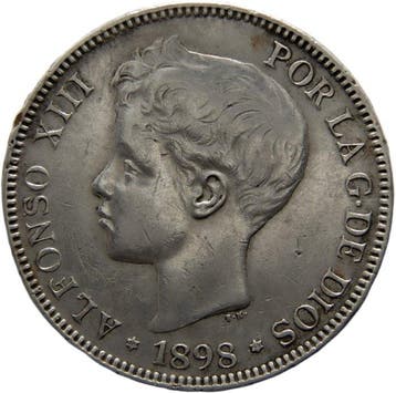 Spanje. Alfonso XIII. 5 Pesetas Acuñadas en Madrid 1898 *98*