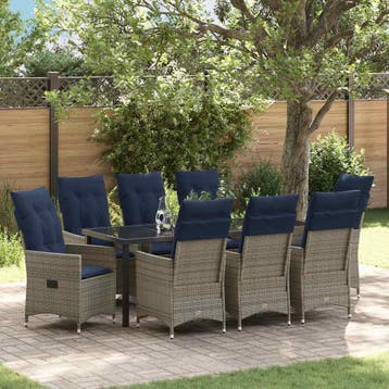 vidaXL Tafel en stoelen set 9 st Grijs PE Rattan, Tuin en Terras, Verzenden, Nieuw, Meer dan 8 zitplaatsen
