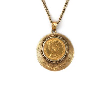 14 krt. gouden collier met 18 krt. munthanger, Wilhelmina, Gebruikt