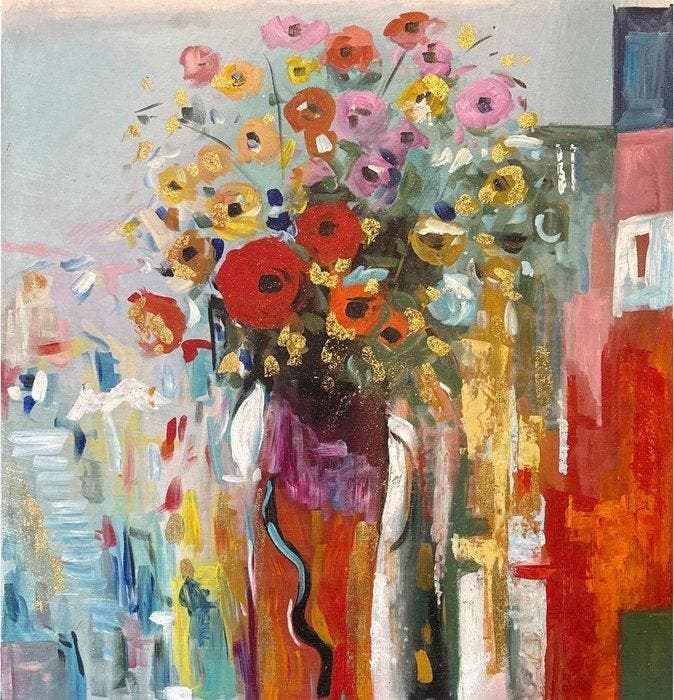 Nguyn V.L (1993) - Les Pavots 80 80 cm, Antiek en Kunst, Kunst | Schilderijen | Modern