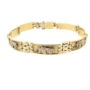 Bicolor gouden schakelarmband met olifanten, Sieraden, Tassen en Uiterlijk, Armbanden, Ophalen of Verzenden, Gebruikt, Goud, Goud