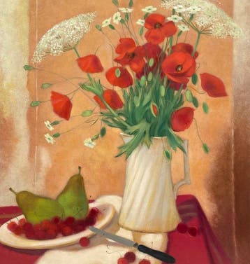Yves Ganne (1931-2019) - Bouquet de Coquelicots et fruits., Antiek en Kunst