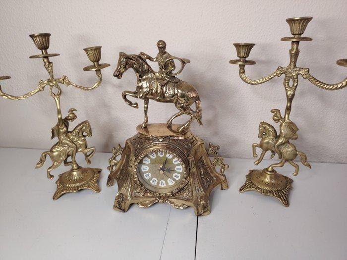Klok en garnituur set (3) - Messing - 1960-1970, Antiek en Kunst, Curiosa en Brocante