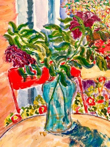 Ina van der Wateren (1946) - Duinroosjes op gele tafel,