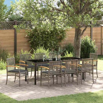 vidaXL Tuin eettafelset 9 st Grijs en zwart Rattan, Verzenden, Nieuw, Rotan, Meer dan 8 zitplaatsen
