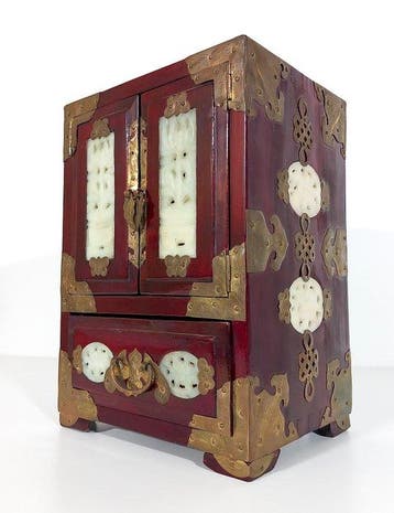 Sieradendoos - Hout, jade, Messing - vintage artistieke kast
