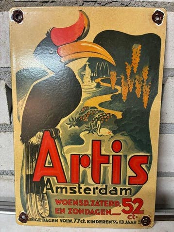 Vintage Artis Amsterdam emaille reclamebord – kleurrijk, Antiek en Kunst, Antiek | Wandborden en Tegels
