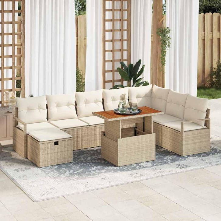 vidaXL Tuinbankenset met kussen met opslag 9 pcs Beige poly, Tuin en Terras, Tuinsets en Loungesets, Nieuw, Meer dan 8 zitplaatsen