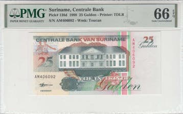 1998 Suriname 25 Gulden Pick 138d Pmg Gem Unc 66 Epq, Verzenden