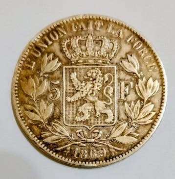 België. Leopold II. 5 Francs 1869 (Zonder minimumprijs)