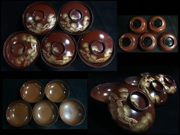 Set of 5 - Vintage Wajima-nuri Lacquerware Bowls with Lids -