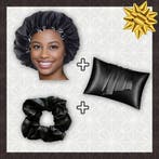 SATIN SET - Bescherm je haar & huid - Zwarte Satijnen Slaapm, Ophalen of Verzenden, Nieuw
