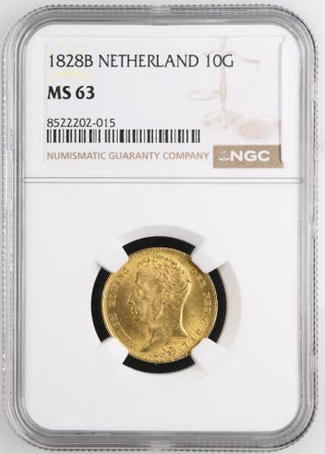 Gouden Koning Willem I 10 Gulden 1828 Brussel MS63 NGC, Verzenden, Goud, Koning Willem I, Losse munt