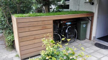 Op maat gemaakte fietsenoverkapping (optie voor groendak!), Verzenden, Nieuw, Hout, Fietsenberging
