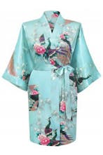 KIMU® Kimono Lichtblauw Kort L-XL Yukata Satijn Boven de Kni, Ophalen of Verzenden, Nieuw, Maat 42/44 (L), Carnaval