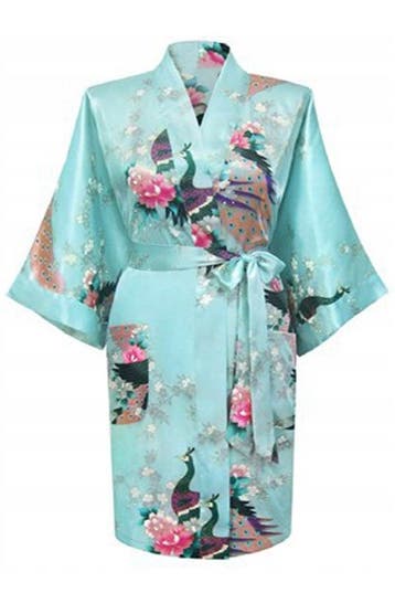 KIMU® Kimono Lichtblauw Kort L-XL Yukata Satijn Boven de Kni, Kleding | Dames, Ophalen of Verzenden, Nieuw, Maat 42/44 (L), Carnaval