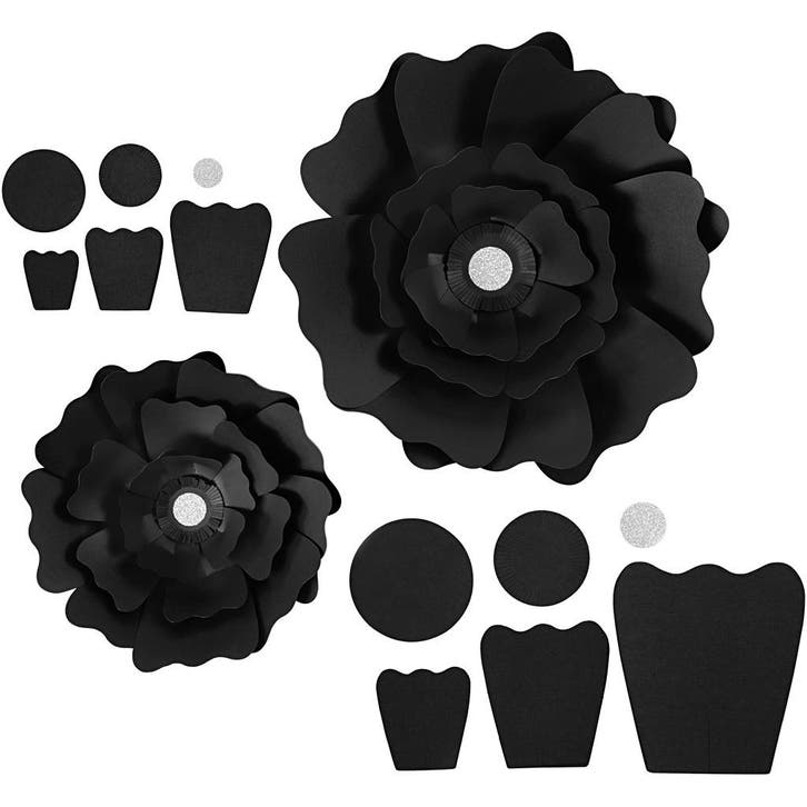 Papieren bloemen, d 15+25 cm, 230 gr, zwart, 2 stuk/ 1 doos, Hobby en Vrije tijd, Kaarten | Zelf maken