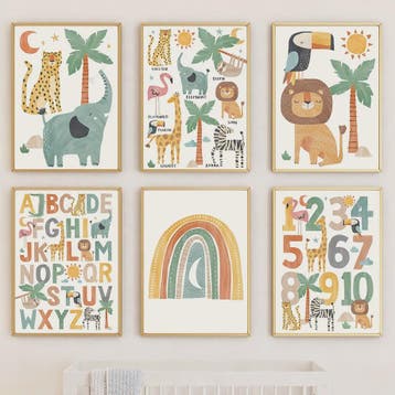Boho Jungle Safari Dieren Canvas Muurdecoratie - Leeuw, Olif