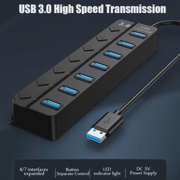 USB 3.0 Hub met 7 Poorten en Individuele Schakelaars - Uitbr, Verzenden, Nieuw