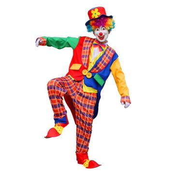 Kleurrijk Clown Kostuum – 4-Delige Set met Jas, - Maat L, Kleding | Heren, Ophalen of Verzenden, Nieuw, Maat 52/54 (L)