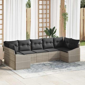 vidaXL Bankstel met kussen 7 pcs Lichtgrijs poly rattan, Verzenden, Nieuw, Rotan, 7 zitplaatsen