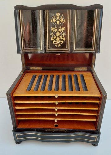 Humidor - Ebbenhout, messing - Boulle techniek, Antiek en Kunst