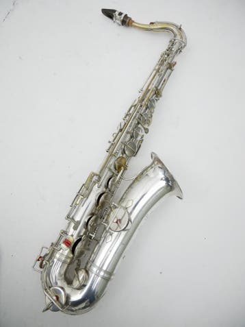 Tenorsaxofoon Rene Guénot verzilverd Gereviseerd/zeldzaam, Ophalen of Verzenden, Gebruikt, Tenor, Met koffer