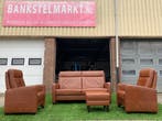 Bankstel SENIOREN bruin leer 2,5+1+1 zit bank en fauteuils, Design, Zo goed als nieuw, Rechte bank, Leer