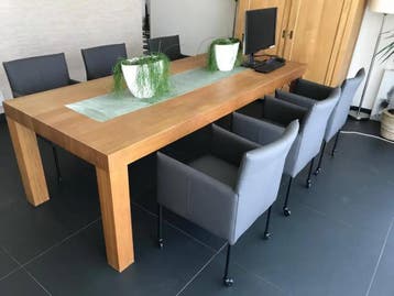 Set van 6 leren kuip eetkamerstoelen - met wieltjes - grijs, Huis en Inrichting, Stoelen, Ophalen of Verzenden, Nieuw, Leer