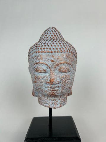sculptuur, Bronzen Boeddhahoofd op Standaard - 23 cm - Brons, Antiek en Kunst