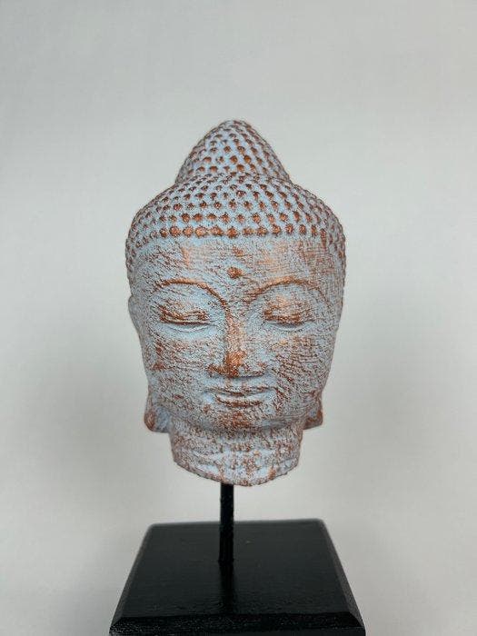 sculptuur, Bronzen Boeddhahoofd op Standaard - 23 cm - Brons, Antiek en Kunst, Kunst | Designobjecten