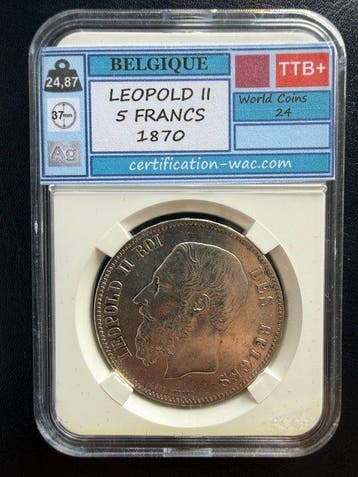 België. Leopold II. 5 Francs 1870 (Zonder minimumprijs)