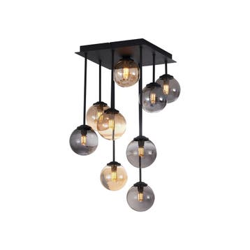 Moderne plafondlamp zwart met amber en smoke glas 9-lichts, Verzenden, Nieuw, Metaal