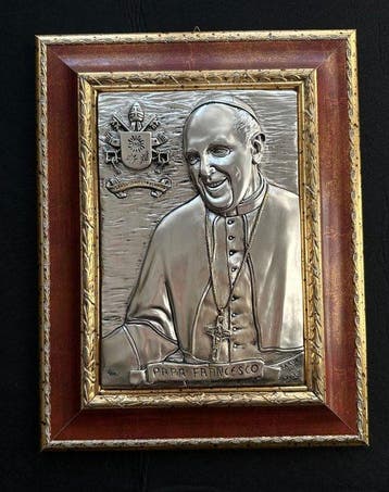 Icoon - Bas-relief Heilige Paus Franciscus met houten lijst